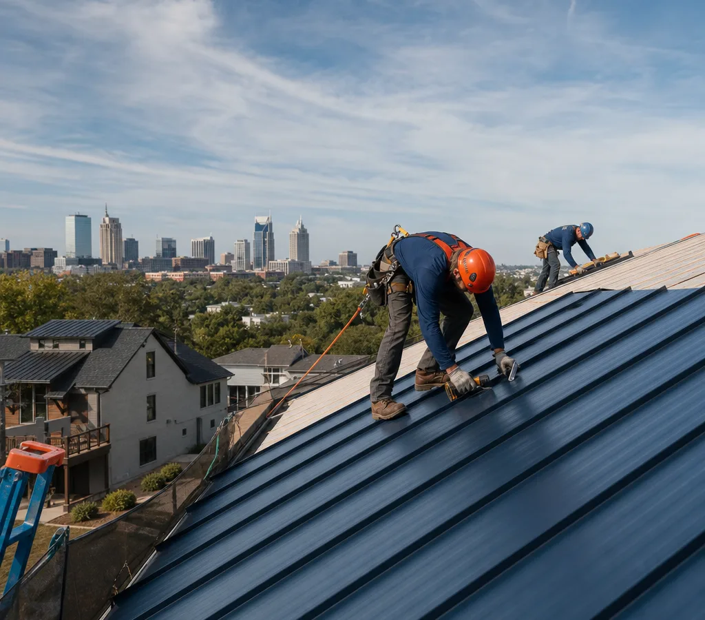 Metal roofing crew installing standing seam panels on a Nashville home