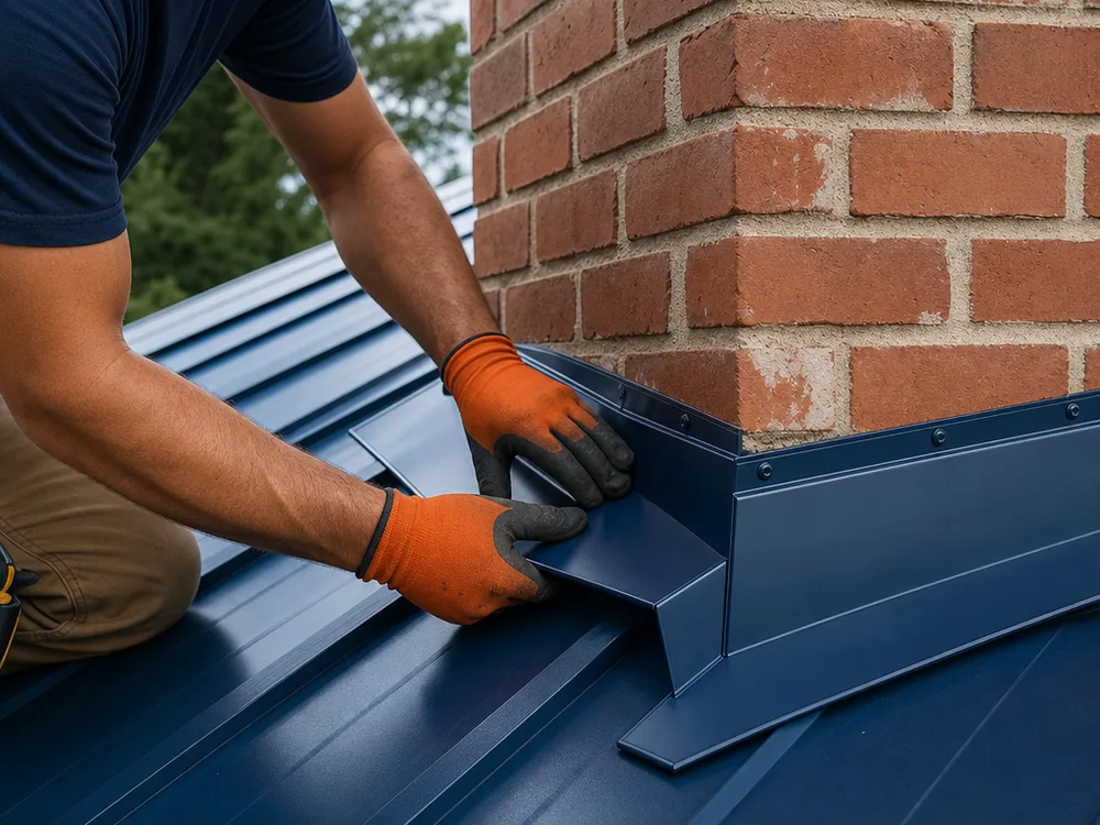 Close-up of neatly formed metal roof flashing at a chimney