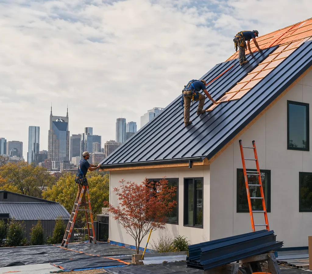 Residential crew installing standing-seam metal roof panels on a Nashville-area home with a tidy, protected work zone