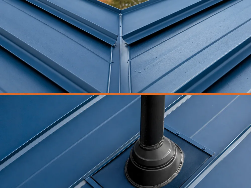 Close-up of a standing-seam metal roof valley transition and properly flashed pipe penetration