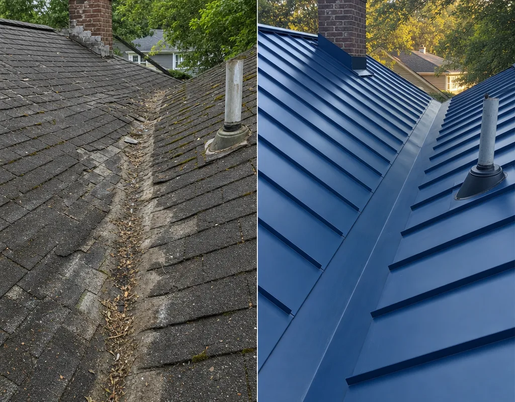 Roof replacement before and after comparison