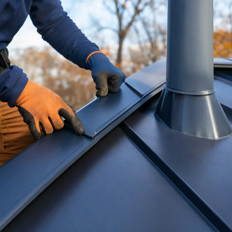 Close-up of standing seam panels at a ridge with ridge cap, underlayment edge detail, and formed flashing at a roof penetration