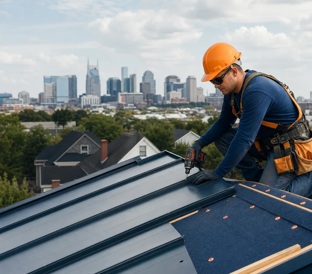 Contractor installing standing seam metal roofing on a Nashville-area home with visible underlayment, fasteners, and clean roofline details