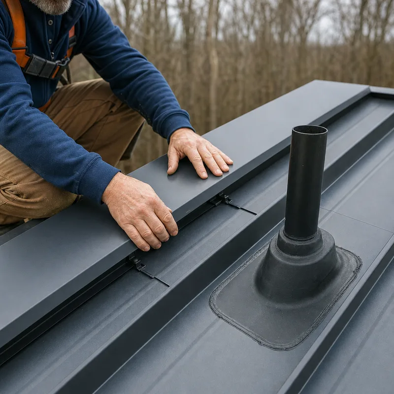 Close-up of standing seam metal roofing with concealed clips, ridge cap, and properly installed pipe boot flashing