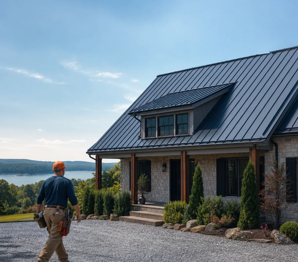 Nashville-area home with a newly installed standing seam metal roof, clean panel lines, ridge venting, and properly finished eaves