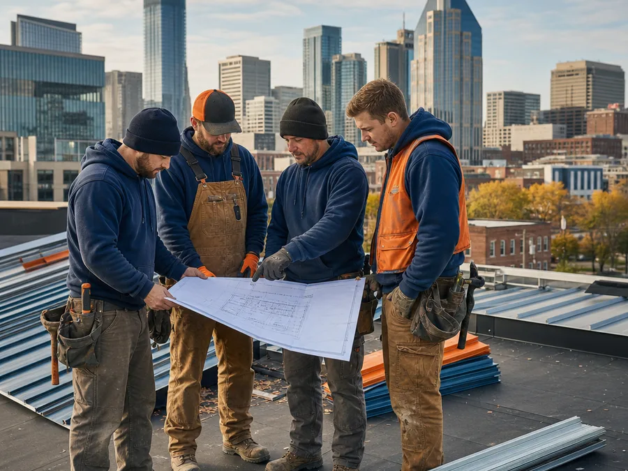 Nashville roofing crew reviewing a metal roof layout with panels and trim staged nearby